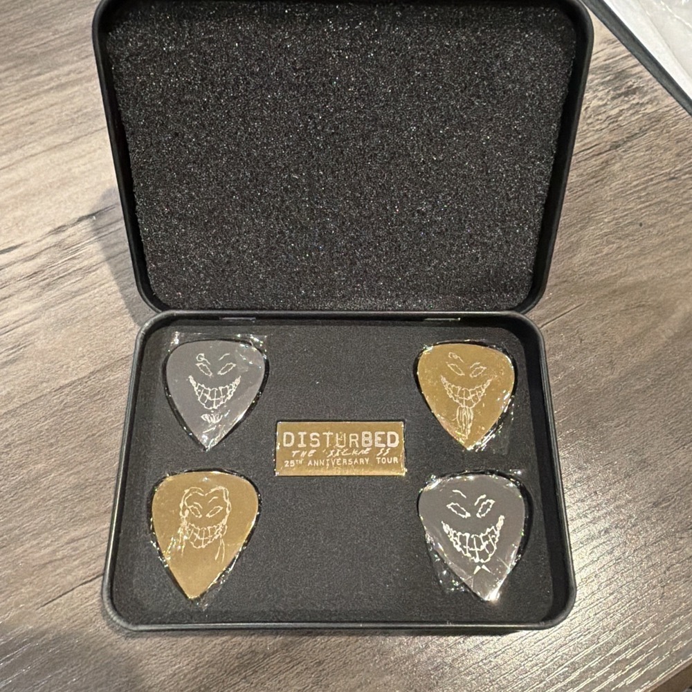 Disturbed The Sickness 25th Anniversary Tour VIP Guitar Pick Set Tin Gold Silver